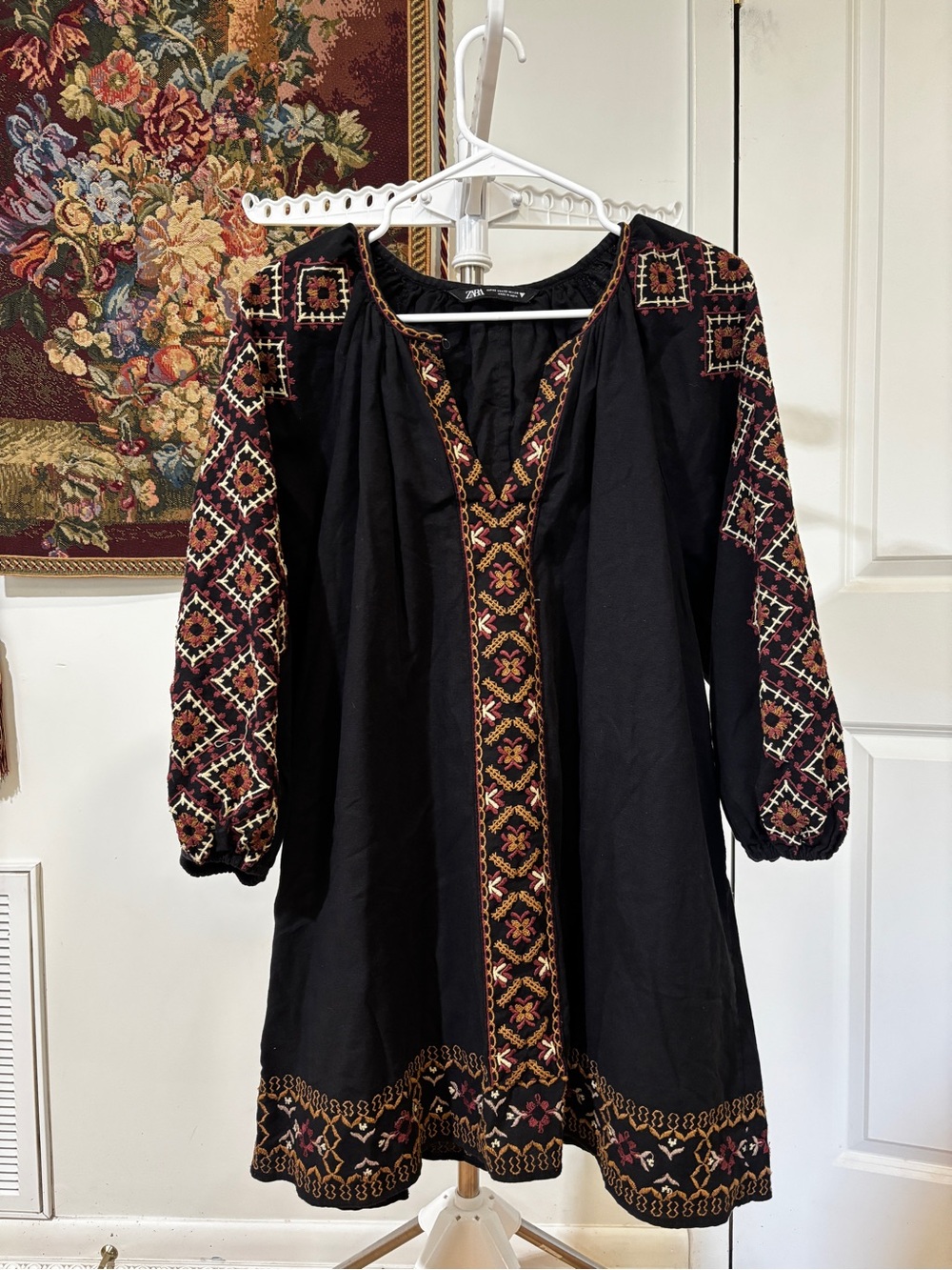 Zara Black Embroidered Cotton Linen Boho Mini Dress XS Balloon Sleeve